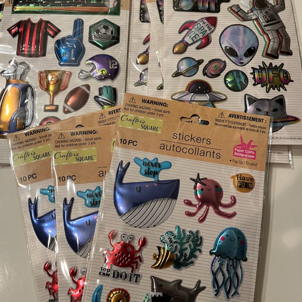 Puffy Stickers 10 Packs (Space, Under the Sea, Sports!)‎ (NEW)